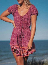 Women's Bohemian V-Neck Floral Spliced Short Sleeve Casual Mini Dress